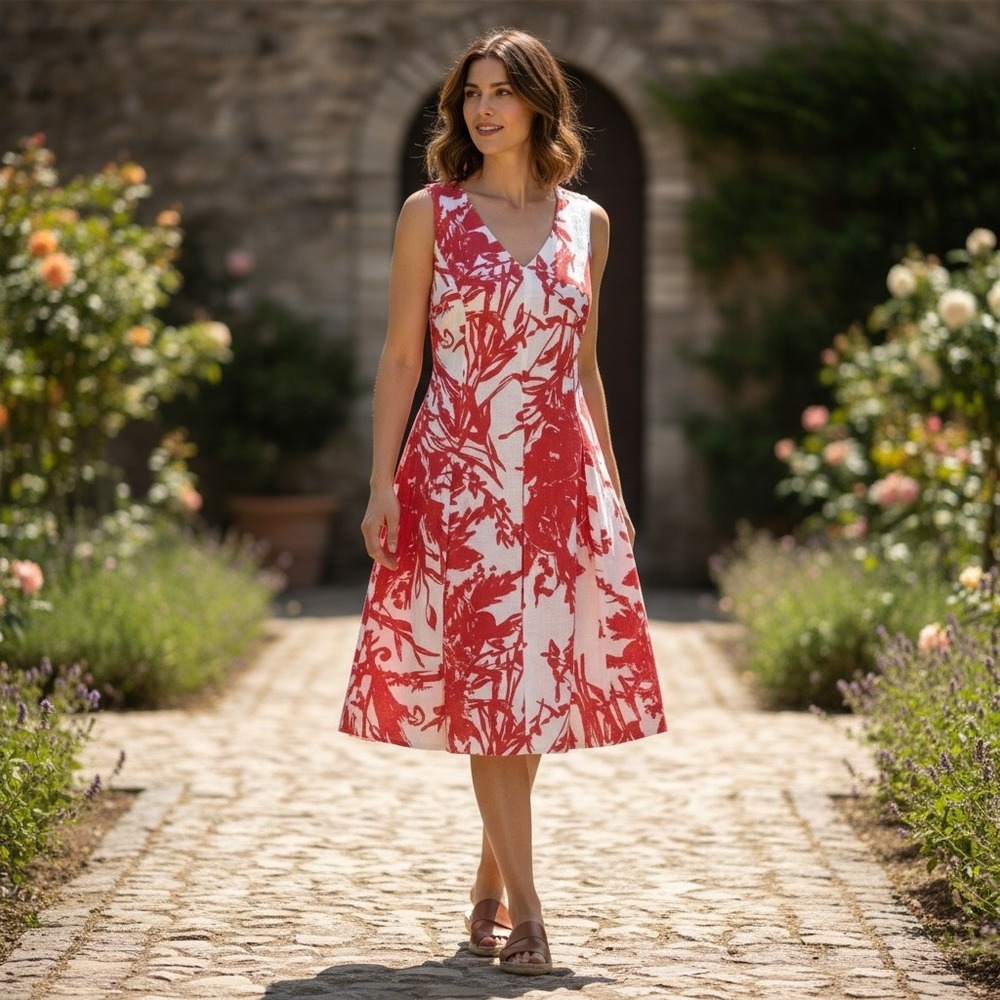 Coldwater Creek Linen Sleeveless Fit & Flare Midi Dress Red & White S/M 156R